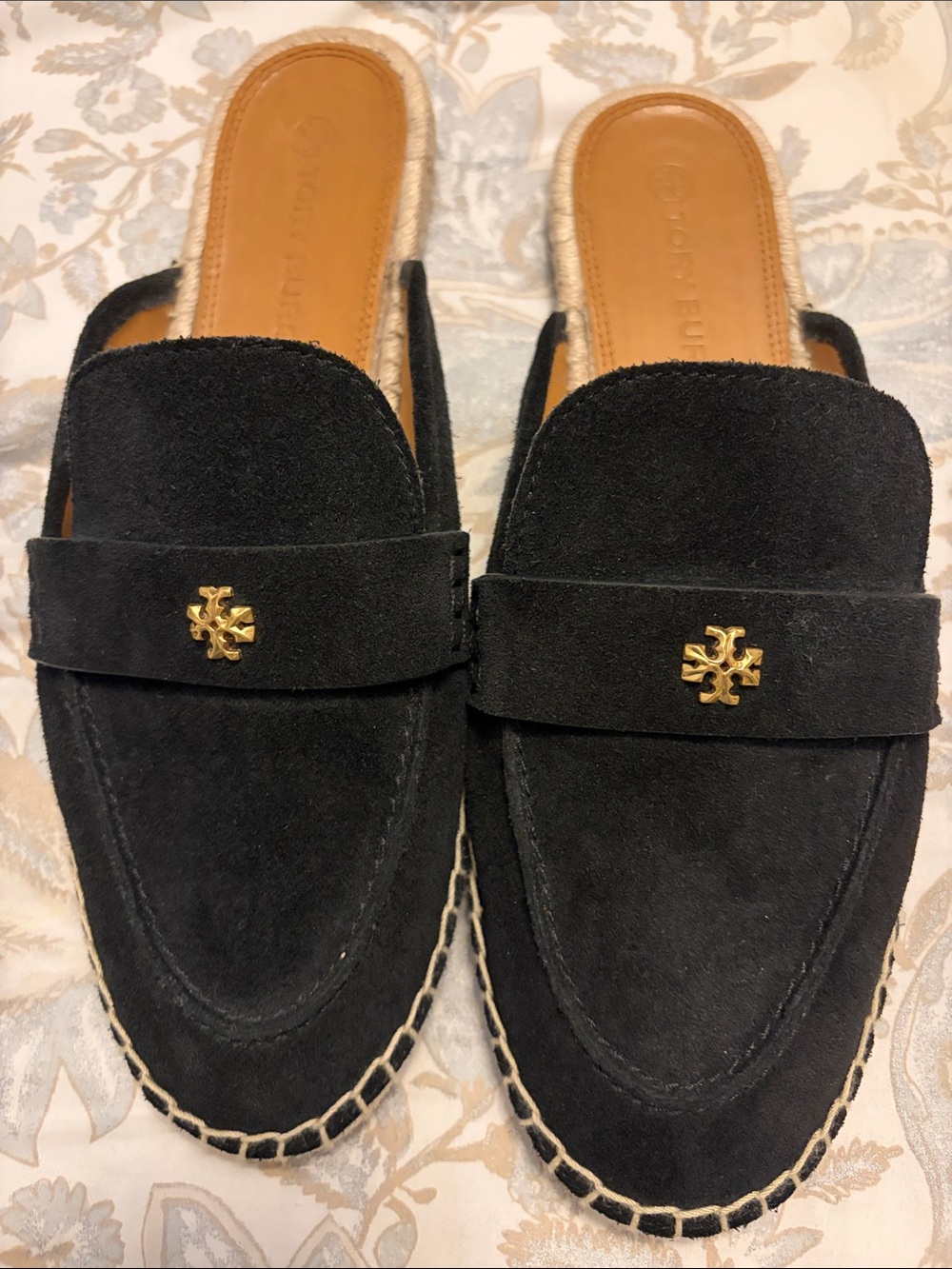 Tory Burch Black Suede Slip-On Espadrille Seaside Mule Loafers size 11